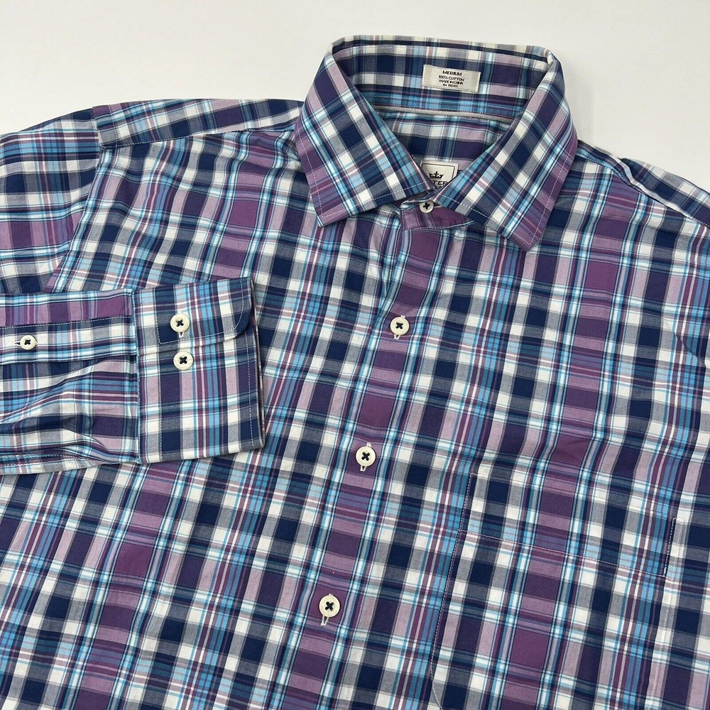 Peter Millar Button Shirt‎ Mens Medium Button Down Long Sleeve Plaid Purple Blue